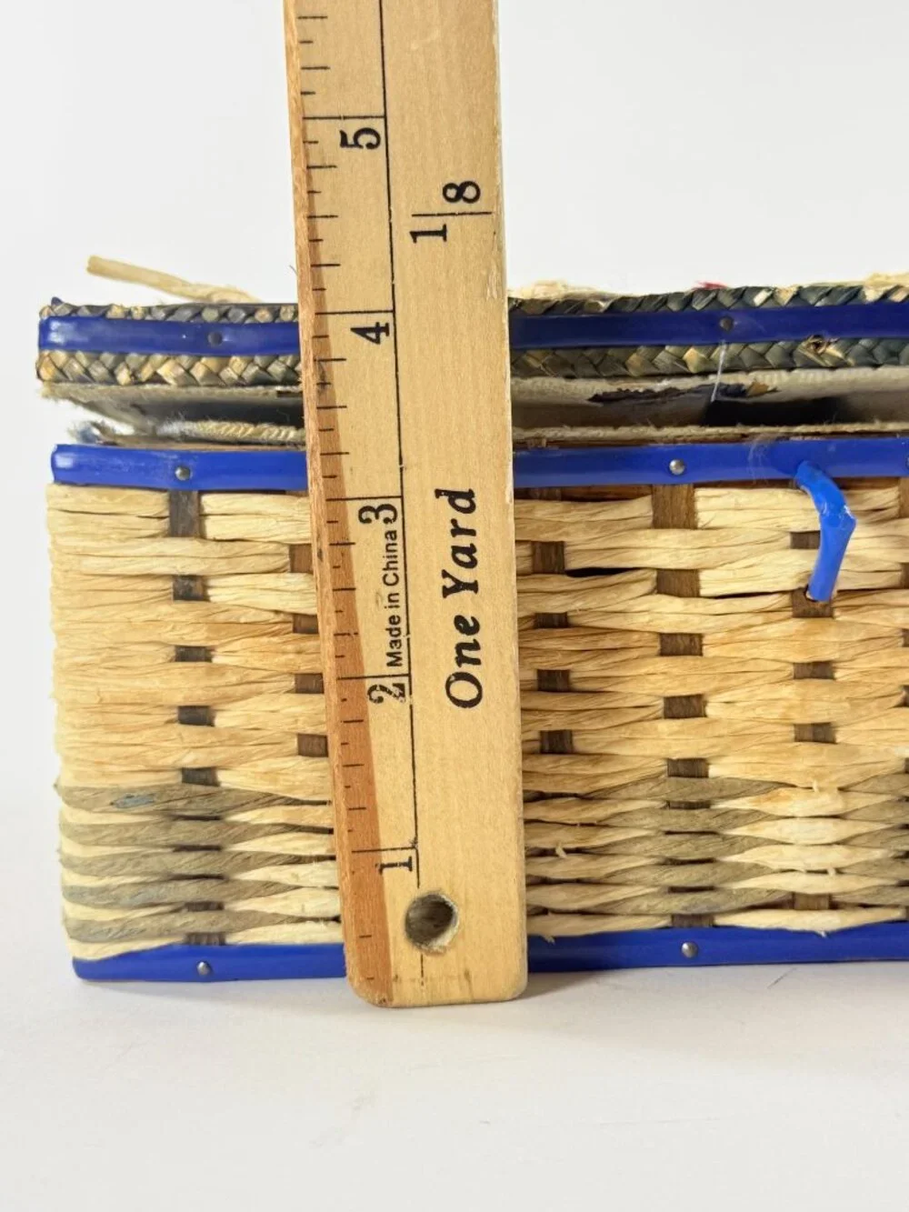 Vintage Woven Sewing Basket With Blue Satin Interior & Assorted Threads